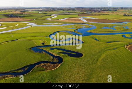 Aerial view of Oxbow formations on the River Clyde, South Lanarkshire, Scotland. Stock Photo