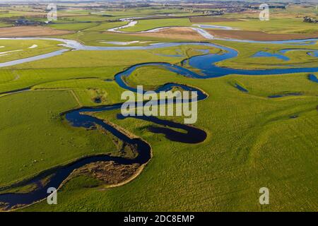 Aerial view of Oxbow formations on the River Clyde, South Lanarkshire, Scotland. Stock Photo