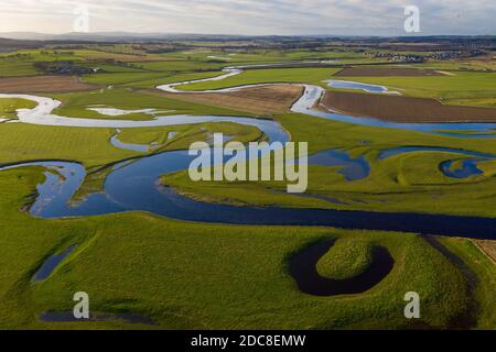 Aerial view of Oxbow formations on the River Clyde, South Lanarkshire, Scotland. Stock Photo