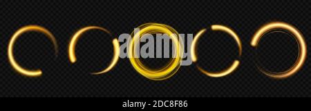 Gold light circles with sparkles, magic glow effect. Vector realistic set of golden shiny rings and swirls, round frames of flare trail with glitter dust isolated on transparent background Stock Vector