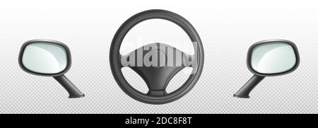 Car steering wheel and side rear view mirrors, helm and glasses automobile parts. Classic auto details or accessories isolated on transparent background, Realistic 3d vector illustration, icons set Stock Vector