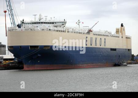 The car carrier Morning Lynn will be in the port of Bremerhaven on August 20, 2020. Stock Photo