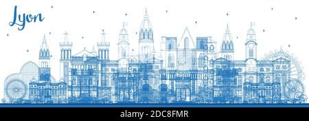Outline Lyon France City Skyline with Blue Buildings. Vector Illustration. Business Travel and Tourism Concept with Historic Architecture. Stock Vector