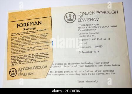 Vintage papers. London Borough of Lewisham, details of vacancy. Job description for foreman, painter, with newspaper job advert cut out Stock Photo