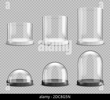 Realistic glass domes and cylinders, christmas snow globe souvenirs, isolated crystal semisphere containers on base small, medium and large size. Festive xmas gift mock up, Realistic 3d vector set Stock Vector