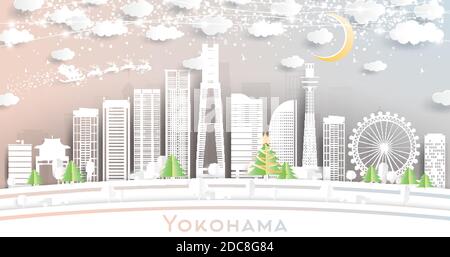 Yokohama Japan City Skyline in Paper Cut Style with Snowflakes, Moon and Neon Garland. Vector Illustration. Christmas and New Year Concept. Stock Vector