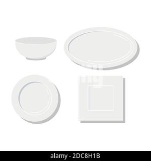 Empty white plates different form icon set isolated on white background. Stock Vector