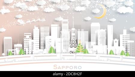 Sapporo Japan City Skyline in Paper Cut Style with Snowflakes, Moon and Neon Garland. Vector Illustration. Christmas and New Year Concept. Stock Vector