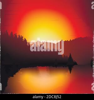 red sunset glow over mpuntains and lake vector nature illustration, pine forest and hills landscape. Stock Vector