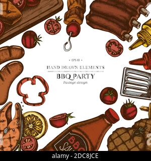 Colored elements design with spatula, Pork ribs, kebab, sausages, steak, sauce bottles, grilled burger patties, grilled tomato, grilled salmon steak Stock Vector