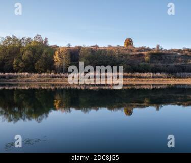 Sunlit, autumn colored silver birch trees reflected in calm, silver blue water surface of a lake Stock Photo