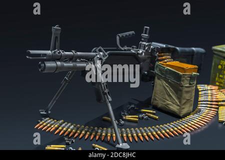 Replica of an heavy american general-purpose machine gun Mk 43 Mod 0 in foldable bipod configuration with a magazine box of cartridges and a disintegr Stock Photo