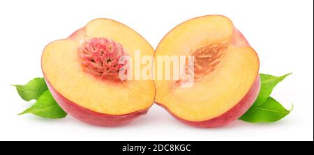 Isolated halved peach. Fresh peach fruit cut in half isolated on white background Stock Photo