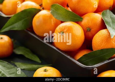 Fresh mandarin oranges with leaves, close up view. Seasonal fruits. Stock Photo
