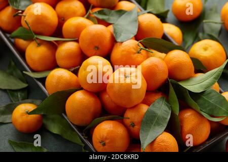 Fresh mandarin oranges with leaves, close up view. Seasonal fruits. Stock Photo