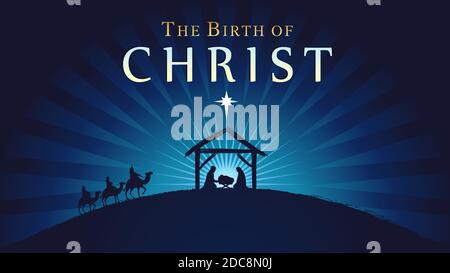 The birth of Christ, Christmas scene of baby Jesus in the manger. Holy family, three wise kings and star of Bethlehem, banner design. Vector Nativity Stock Vector