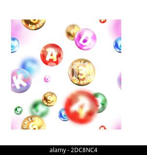 A lot of bright glossy vitamins, seamless pattern on white Stock Vector