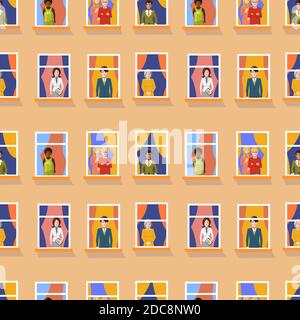 A lot of different people in windows staying home, bright flat seamless pattern Stock Vector