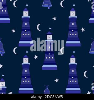 Pattern for boys. The best pattern with lighthouses, moon and stars. Night sky and beautiful ornament. Dark blue, light blue and gray colors. Stock Vector