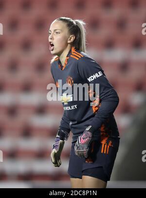 Manchester United goalkeeper Emily Ramsey during the Continental Tyres League Cup match at Leigh Sports Village, Leigh. Stock Photo