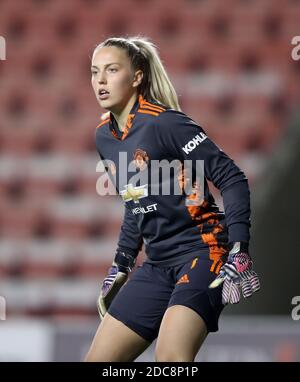 Manchester United goalkeeper Emily Ramsey during the Continental Tyres League Cup match at Leigh Sports Village, Leigh. Stock Photo