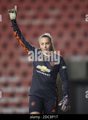 Manchester United goalkeeper Emily Ramsey during the Continental Tyres League Cup match at Leigh Sports Village, Leigh. Stock Photo