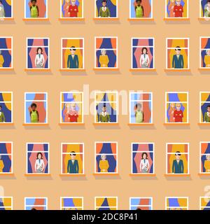 A lot of different people in windows staying home, bright flat seamless pattern Stock Vector