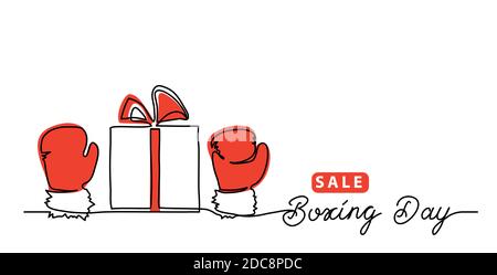 Boxing day sale concept, banner, background with giftbox and red gloves, mitten. One line drawing art illustration with lettering boxing day Stock Vector