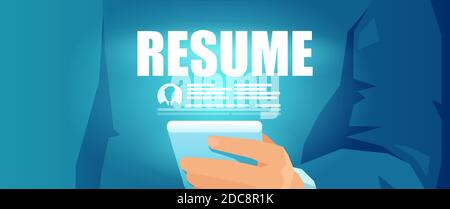 Vector of a businessman recruiter reviewing online job application, candidate resume Stock Vector
