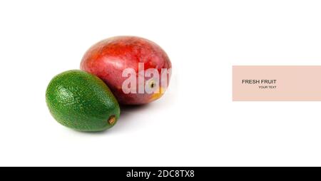 Fruit background with mango and avocado on a white background with space to copy. Stock Photo