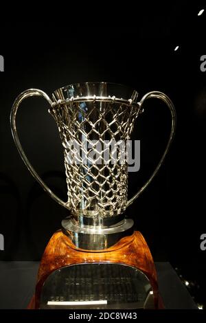The old trophie of European Basketball Champion, as seen in Real Madrid Basketball Club Museum, in Madrid, Spain, Europe. Stock Photo