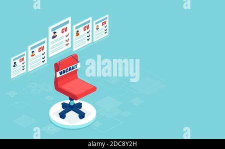 Vector of an office chair with a sign vacant and candidates CV behind. Business hiring and recruiting concept Stock Vector