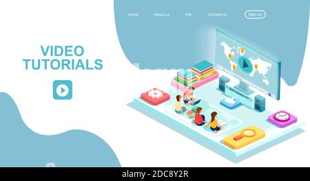 Vector of children learning online watching video tutorials Stock Vector