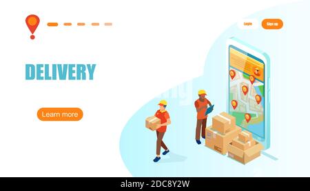 Delivery and shipping concept. Vector of a courier men standing near the boxes and a smartphone with map holding parcel being delivered to a customer Stock Vector