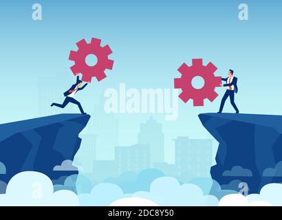 Vector of businessmen using gears to bridge the cliff gap between them. Business strategy and solution concept Stock Vector