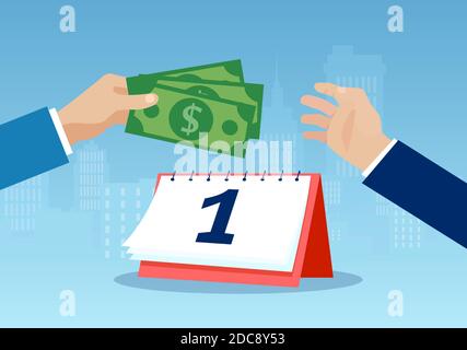 Salary payment concept. Vector of a businessman paying the employee wage giving dollar banknotes. Stock Vector