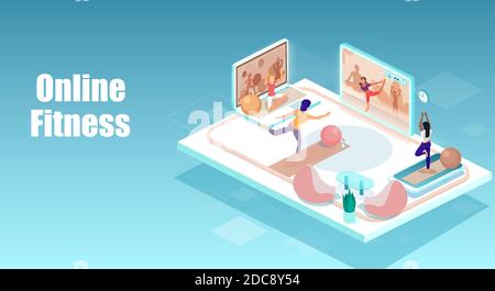 Online fitness and training concept. Vector of fit women practicing yoga together with fitness instructor on TV screen. Stock Vector