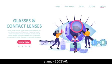 Vector landing page of a eyeglasses and eye care store with people choosing glasses and contact lenses. Stock Vector