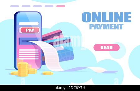 Online payment concept. Vector of a smartphone, credit cards and mobile banking app Stock Vector