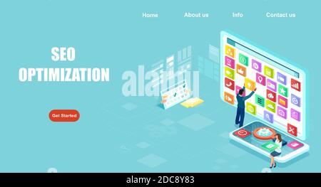 Isometric vector SEO optimization for website on mobile devices Stock Vector