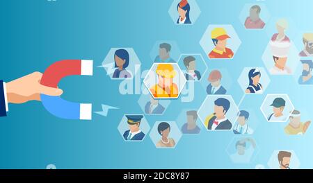 Vector of a businessman hand with magnet attracting diverse people Stock Vector