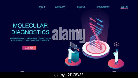 Molecular diagnostics concept. Vector of doctors researchers working with DNA material in medical lab Stock Vector