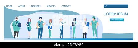 Vector of a diverse group of doctors standing in a hospital corridor Stock Vector
