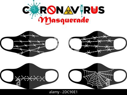 Design concept of printing on reusable protective masks. Entertainment during the coronavirus quarantine. Barbed wire, patch, spider web. Illustration Stock Vector