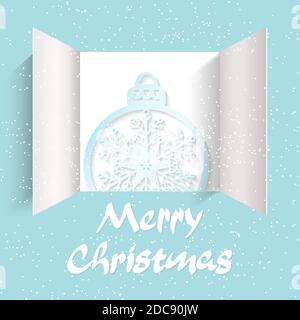 Christmas advent calendar doors open. Christmas ball paper cutand, white snow, garlands of luminous bulbs, an open wide window on light blue backgroun Stock Vector