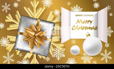 Christmas Advent Calendar. Doors open with golden letters. Golden 3D snowflake, realistic gift surprise with ribbon , and an open wide window on golde Stock Vector