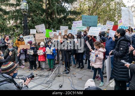 New York, NY - November 19, 2020: Frustrated parents rally against mayor decision to close public schools and demanded to re-open them immediately at City Hall Stock Photo