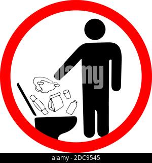 Do not litter in toilet icon. Keep clean sign. No to throw garbage into toilet in prohibition warning caution red circle isolated on white background. Stock Vector