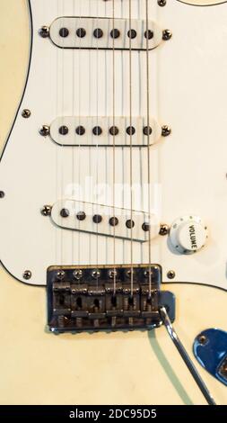 close-up view of classic rock and roll guitar and strings Stock Photo