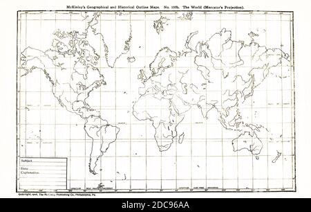 This geographical and historical outline map shows the world according to Mercator's Projection. Stock Photo